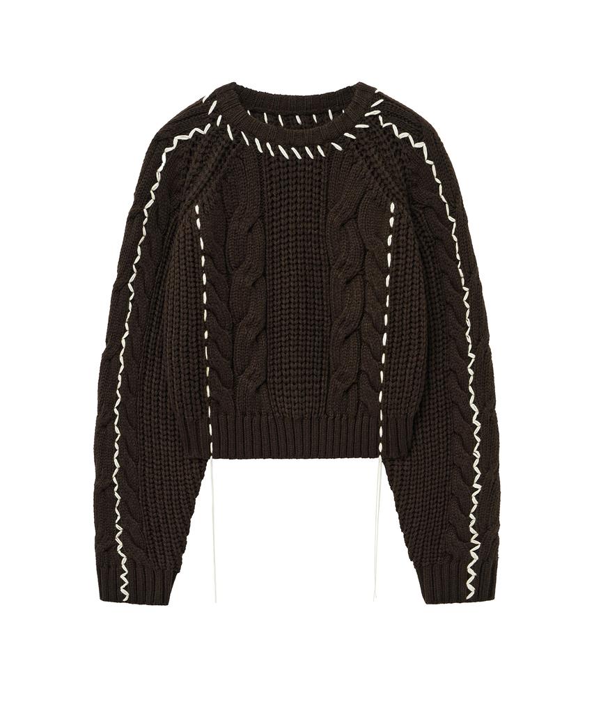 NOIRER FOR WOMAN Handmade Cable Crop Sweater (Brown)