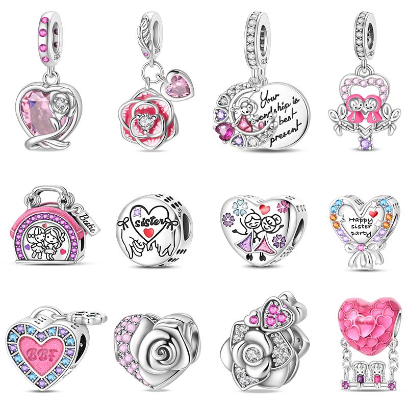 100% 925 Silver Sisters Best Friends Series Charms Pink Heart Rose Beads Fit Qikaola Bracelet DIY Birthday Jewelry Gift