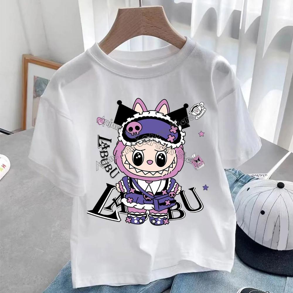 Белая футболка Labubu для детей Милая мультяшная футболка Топ Аниме Круглый воротник Короткий рукав Одежда Мода Детская летняя одежда Подарок