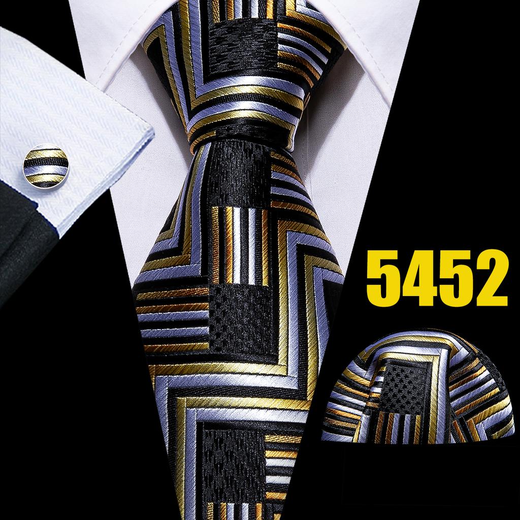 Barry.Wang Mens Novelty Plaid Striped Neckties Handkerchief Cufflinks Set Formal Casual Business