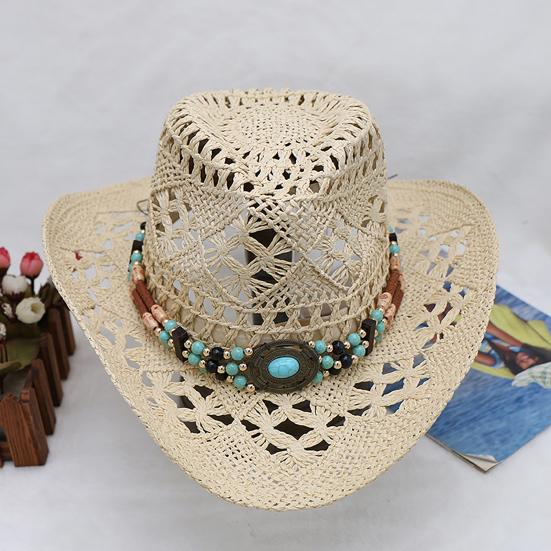 Hat with Decorative Bands Hollow Ultralight Breathable Design Cowgirl Woven Sun