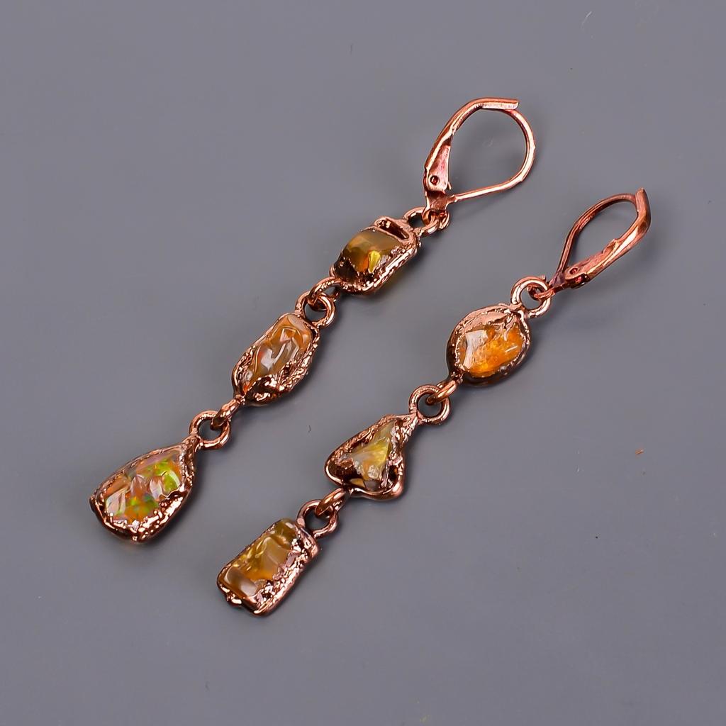 Ethiopian Opal Stone Copper Wife Gift Electroformed Dangle Drop Earrings Jewelry V-102