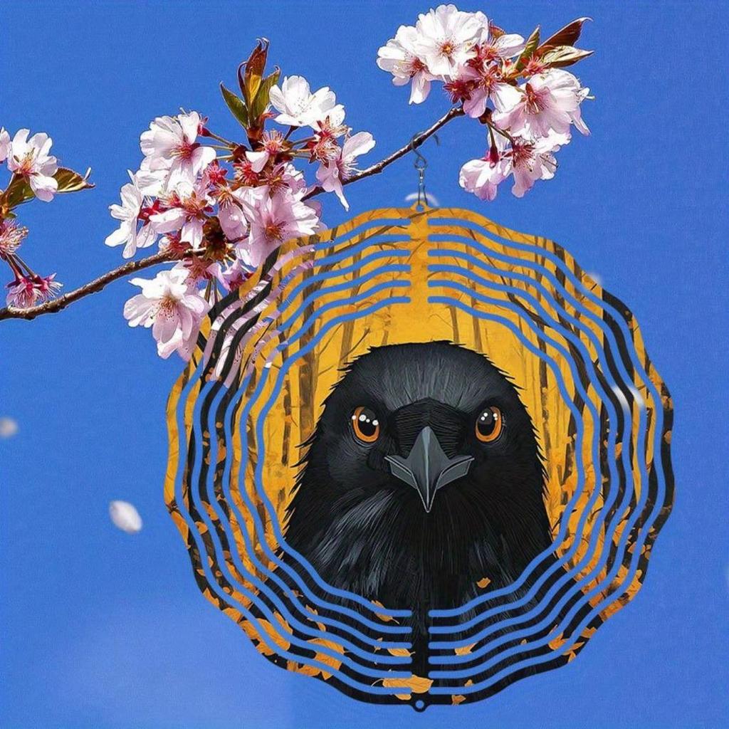 Metal Wind Chime with Crow and Autumn Leaves Design 360 Degree Spinning Hook Durable Outdoor Decor for Garden Patio Yard Indoor Hanging