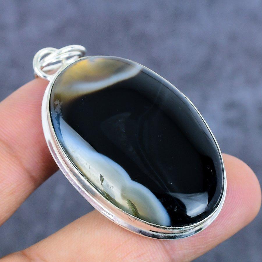 Banded Agate Gemstone Handmade 925 Sterling Silver Jewelry Pendant 2.21" j9p51