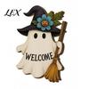 Witch Hat Wall Sign Halloween Ghost Welcome Door Hanger, Cute Wooden with & Pumpkin Party Supplies Elements, Fall Indoor Outdoor Decor for Holiday