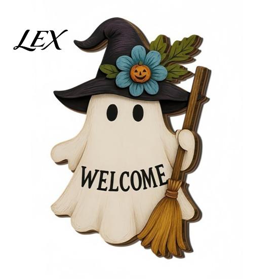 Witch Hat Wall Sign Halloween Ghost Welcome Door Hanger, Cute Wooden with & Pumpkin Party Supplies Elements, Fall Indoor Outdoor Decor for Holiday