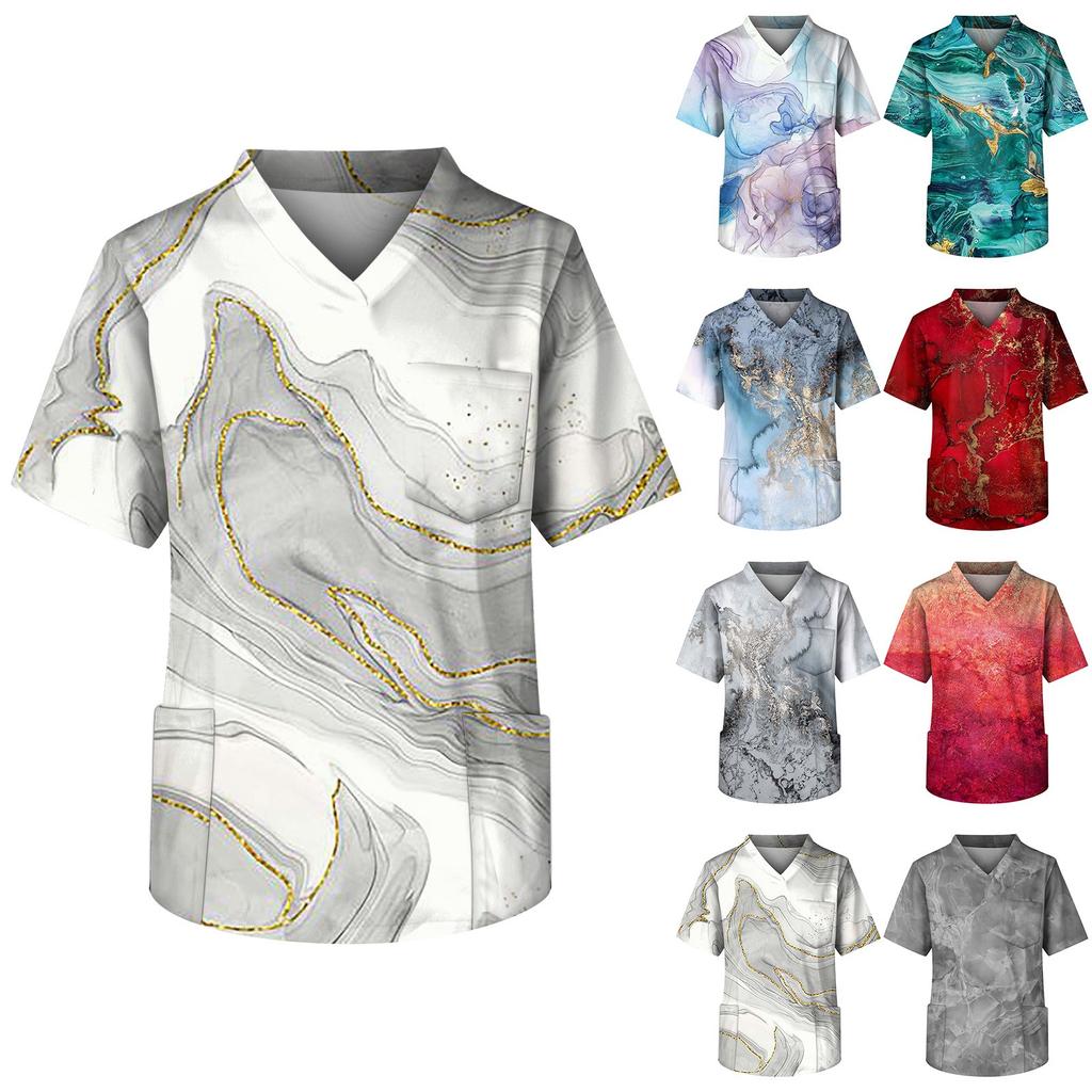 Плюс размер Хэллоуин Печатный скраб Рабочая форма Топы для мужчин Крест V-образным вырезом с коротким рукавом Забавные футболки Спецодежда Футболка с карманами