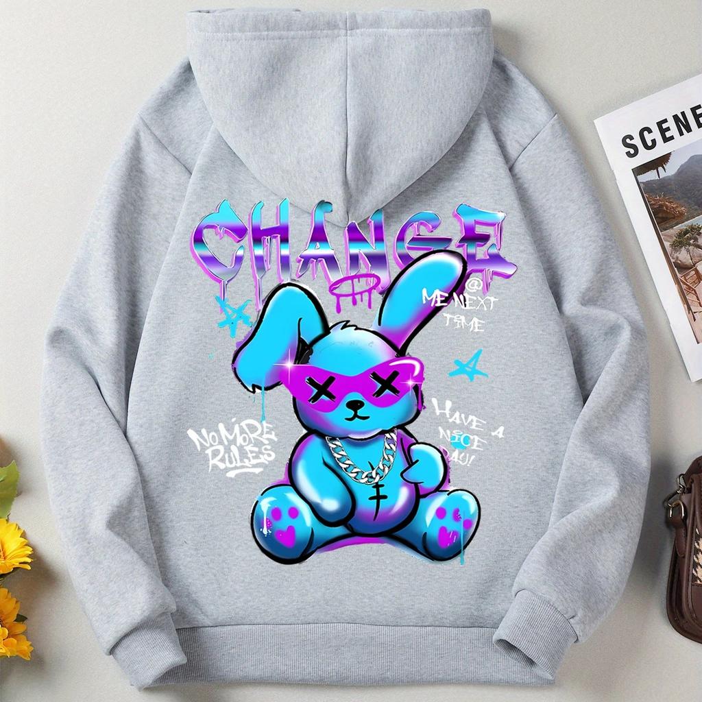 Модный свитшот с принтом в виде кролика и мультфильмов, женская мода, универсальная уличная толстовка с круглым вырезом, повседневные толстовки с капюшоном, пуловер, одежда больших размеров