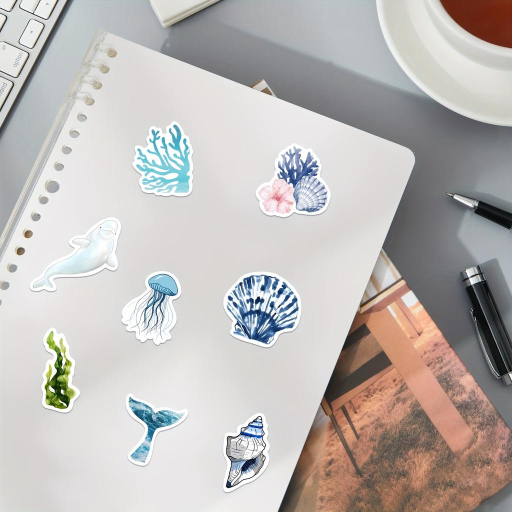 100pcs Ocean-Themed Marine Life Stickers PVC Decals with Dolphin Starfish Jellyfish Shells Coral Reefs Scrapbooking Stickers