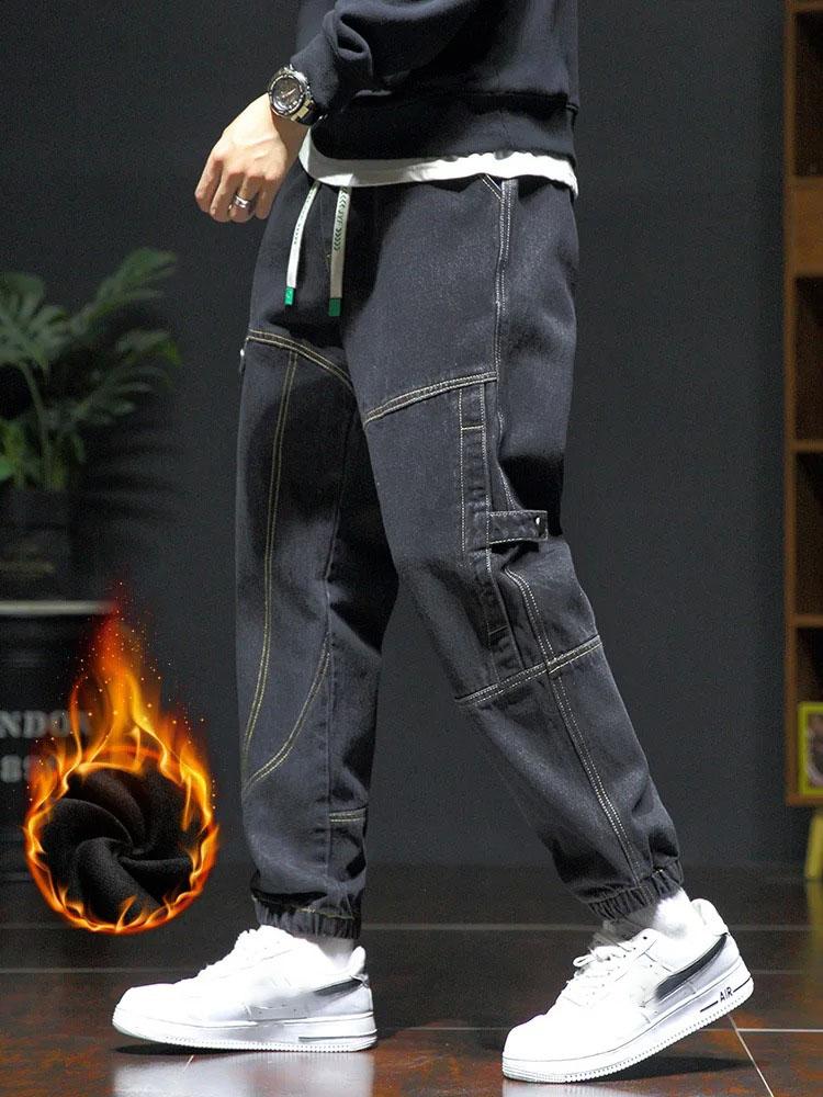 Зимние толстые флисовые теплые свободные шаровары джинсы мужские с высокой талией повседневные уличные мужские синие джинсовые брюки больших размеров