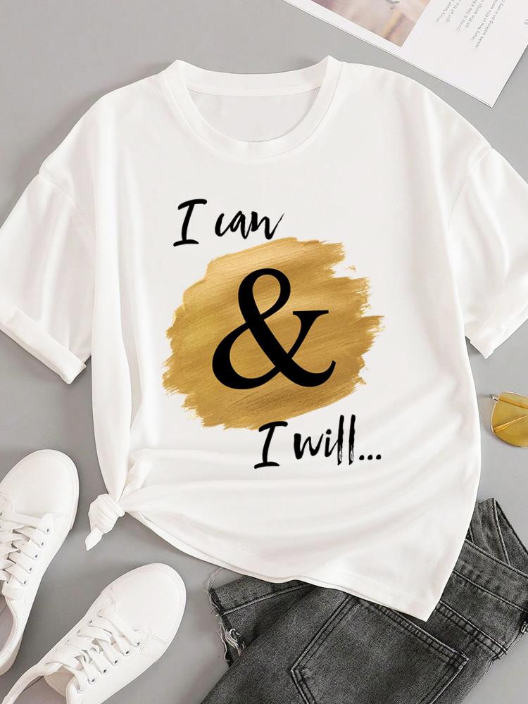 (Азиатский размер) Футболки Мода Круглый вырез Женская надпись тренд милая Повседневная Женский топ Футболка Одежда Принт Короткий рукав Графическая футболка