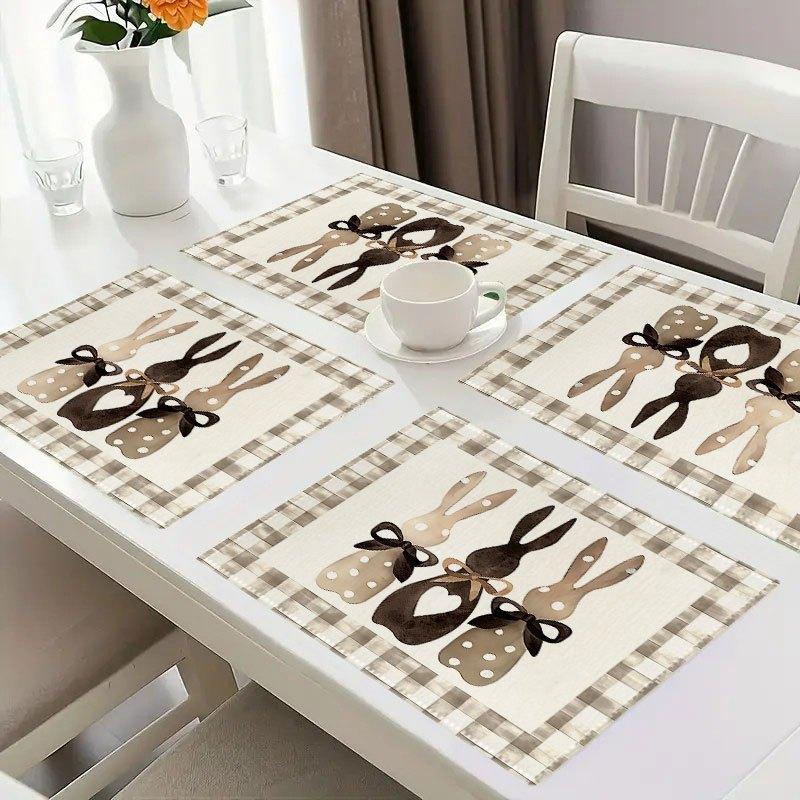 4pcs or 6pcs Easter Bunny Placemats Suitable for Dining Table - Farmhouse Spring Table Decor with Rabbit & Plaid Patterns, Polyester Rectangular Table