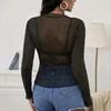 Women Tops Lace Garmented Half-High Neck Long Sleeve T-shirt Solid Color See-through Mesh Yarn Bottoming Tops