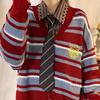 Preppy Style Striped Knitted Cardigan Autumn Winter Contrasting Colors V-Neck Fashion Zipper Casual Sweaters