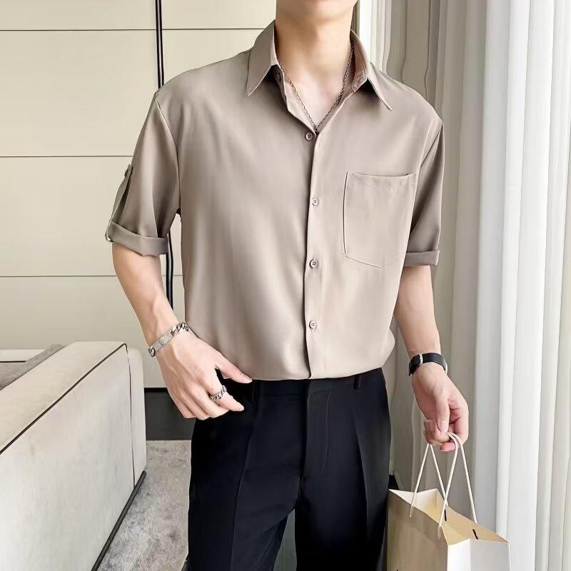 Ice Silk Short Sleeved Shirt For Men In Summer, Loose Plus Size Five Inch Sleeve Shirt, No Ironing And Wrinkle Resistance