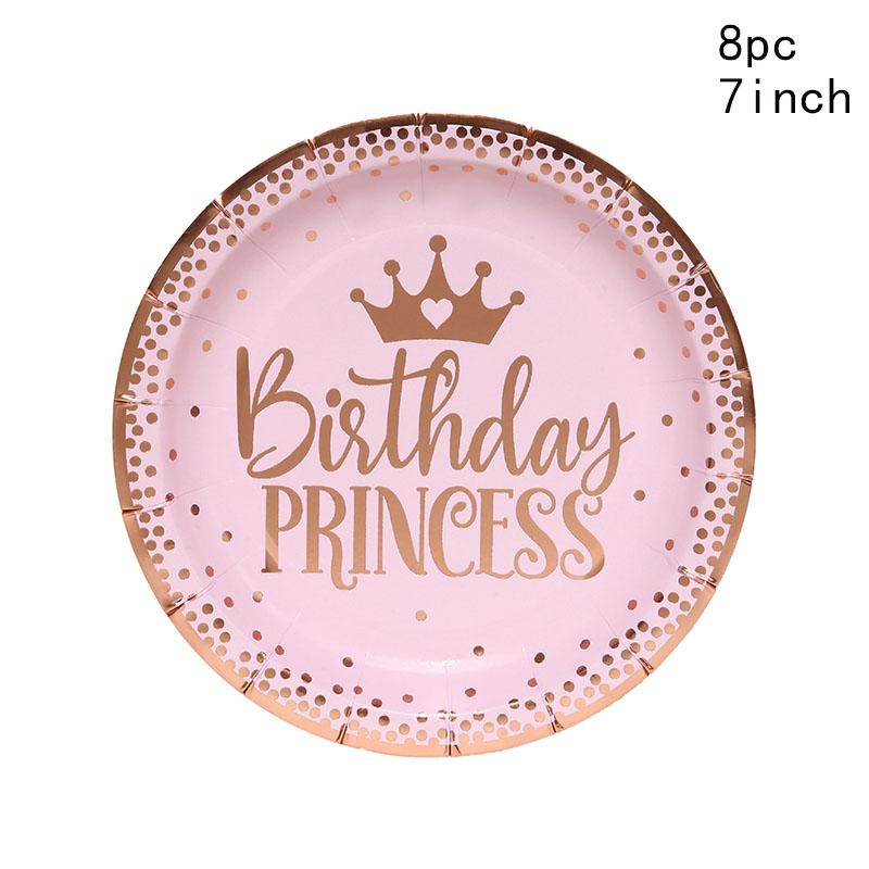 Pink Gold Girl One Year Birthday Disposable Tableware Princess Crown Plates Paper Cups 1st Baby Girl Happy Birthday Party Decor