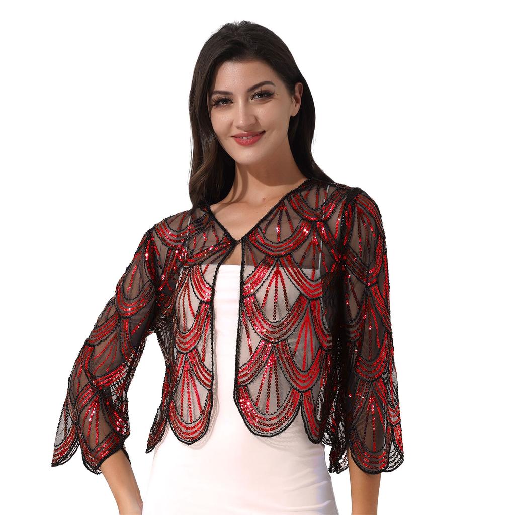 Womens Hollow Lace Cardigan Lightweight Long Sleeve Sequin Bolero Shrug Loose Casual Shawl Tops