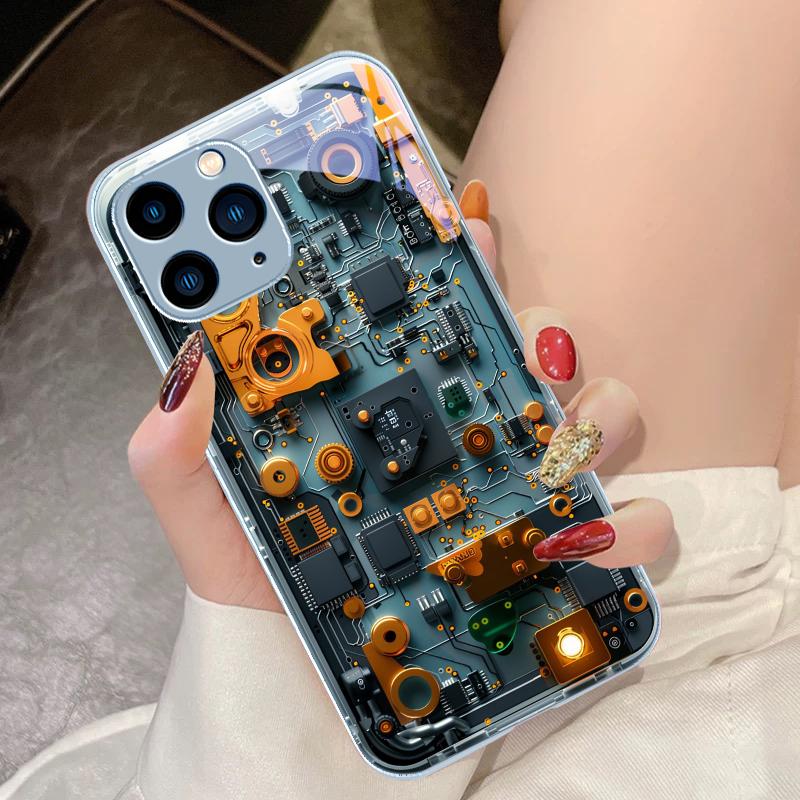 Механическое устройство черное Для IPhone 16 Pro Max 15 Pro 14 13 12 Mini 11 XS Max XR 7 8 Plu SE 2022 Закаленное стекло Чехол для телефона