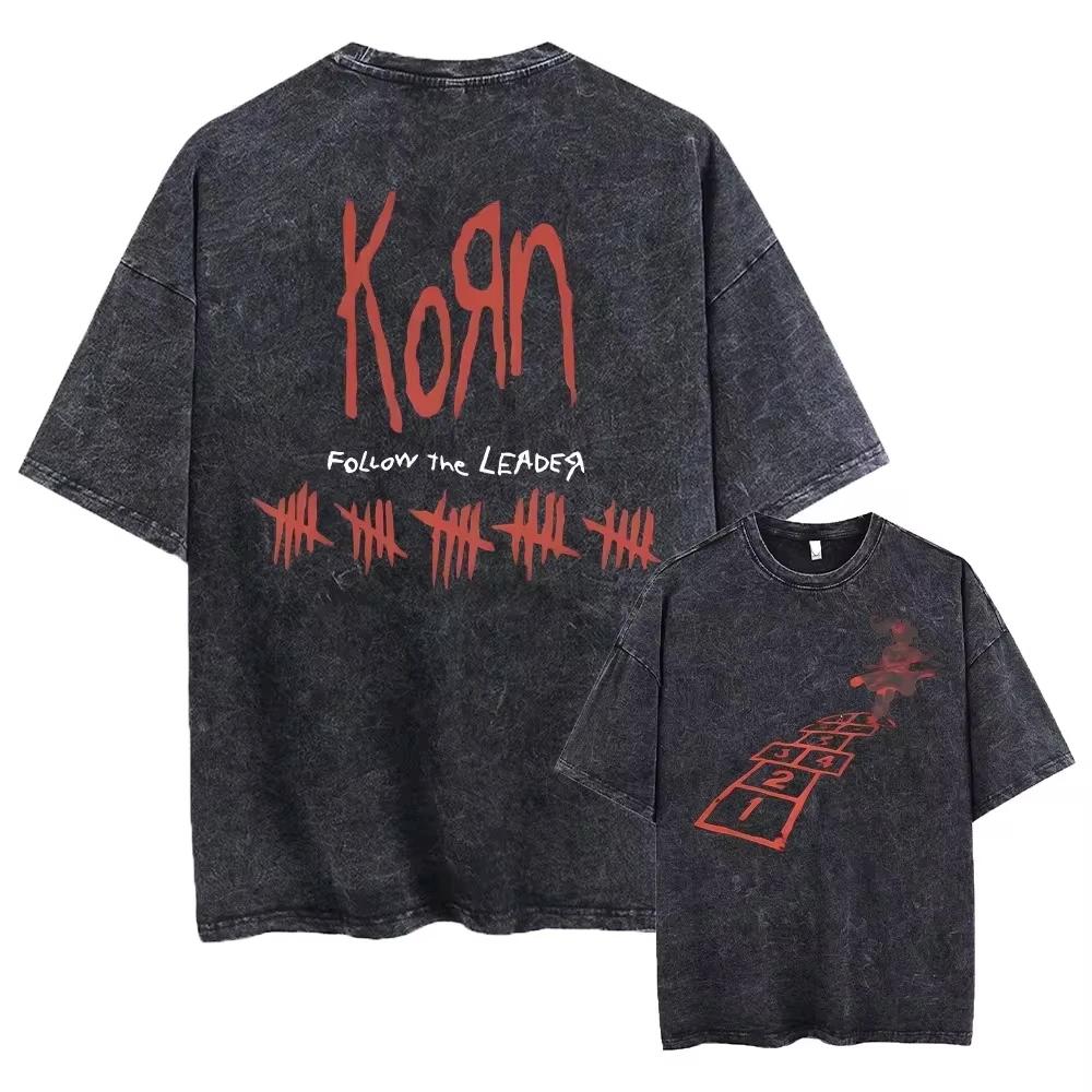 Washed Vintage Rock Band Korn Falling Away From Me Tshirt Skeleton Print T-shirts Men Fashion Gothic T Shirt Male Oversized Tees