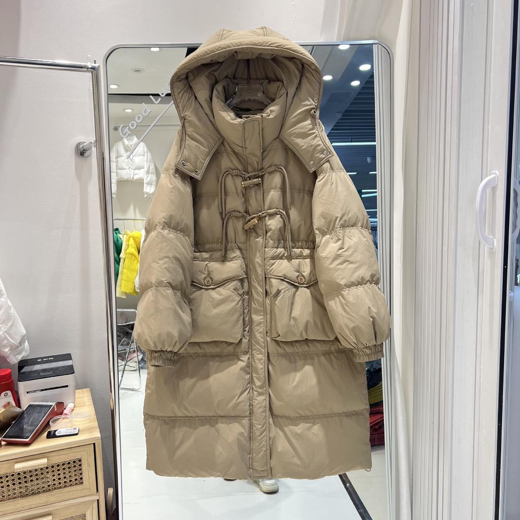 Пуховик женский средний и длинный с капюшоном утолщенный свободный зима 2024 новый студенческий белый пуховик до колена прилив