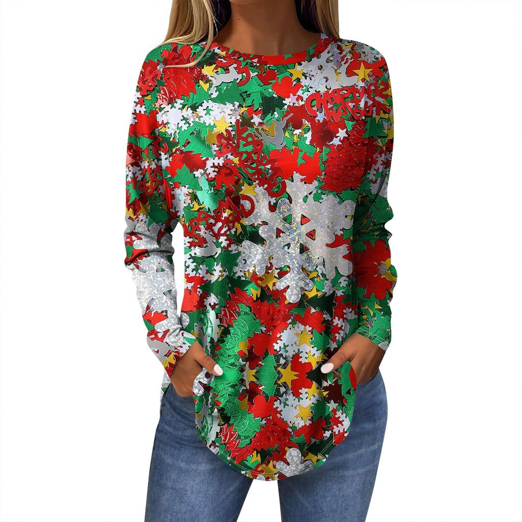 Женская модная повседневная футболка с круглым вырезом и длинным рукавом с рождественским принтом
