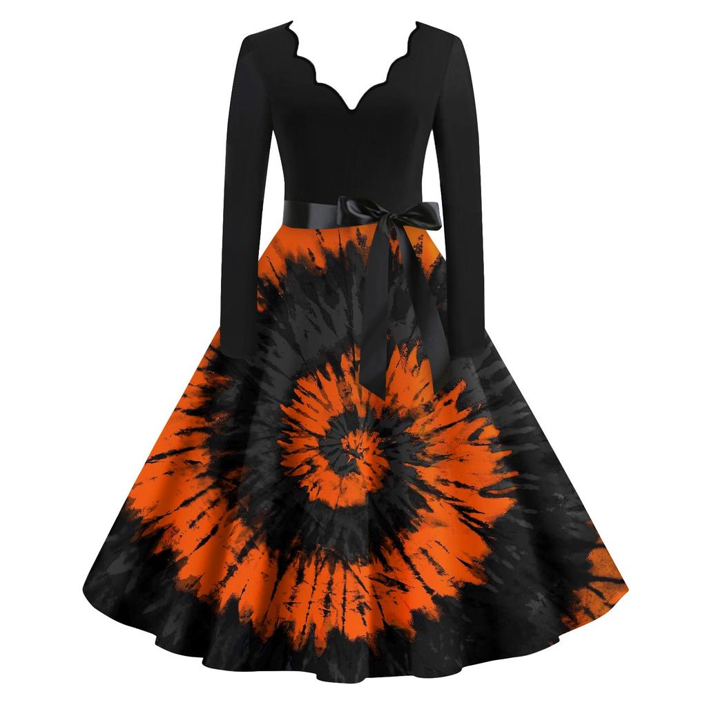 Женские повседневные модные винтажные длинные платья с длинным рукавом на Хэллоуин и графическим принтом