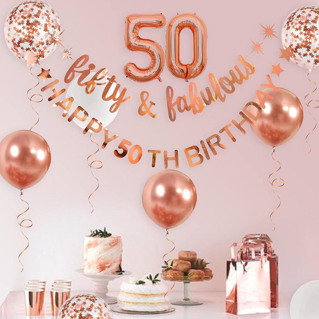 Rose Gold Fifty & Fabulous Happy 50th Birthday Banner Garland Foil Balloon 50 for Womens 50th Birthday Decorations Hanging 50 and Fabulous Cheers to