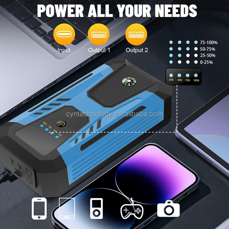 Emergency Jump Starter 1000A 12V 22200mAh Portable Power Bank LED Flashlight Anti-Spark Clamps Compass Car Charger Adapter for
