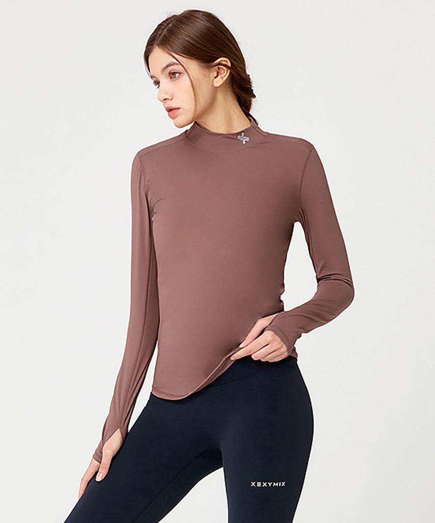 XEXYMIX Mock Neck Fingerhole Basic T-Shirt Copper Rose Xt4367G