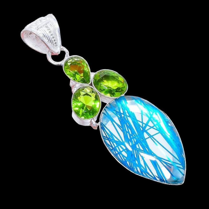 Blue Rutile Quartz, Peridot Gemstone 925 Sterling Silver Jewelry Pendant 2.6" AH-3276