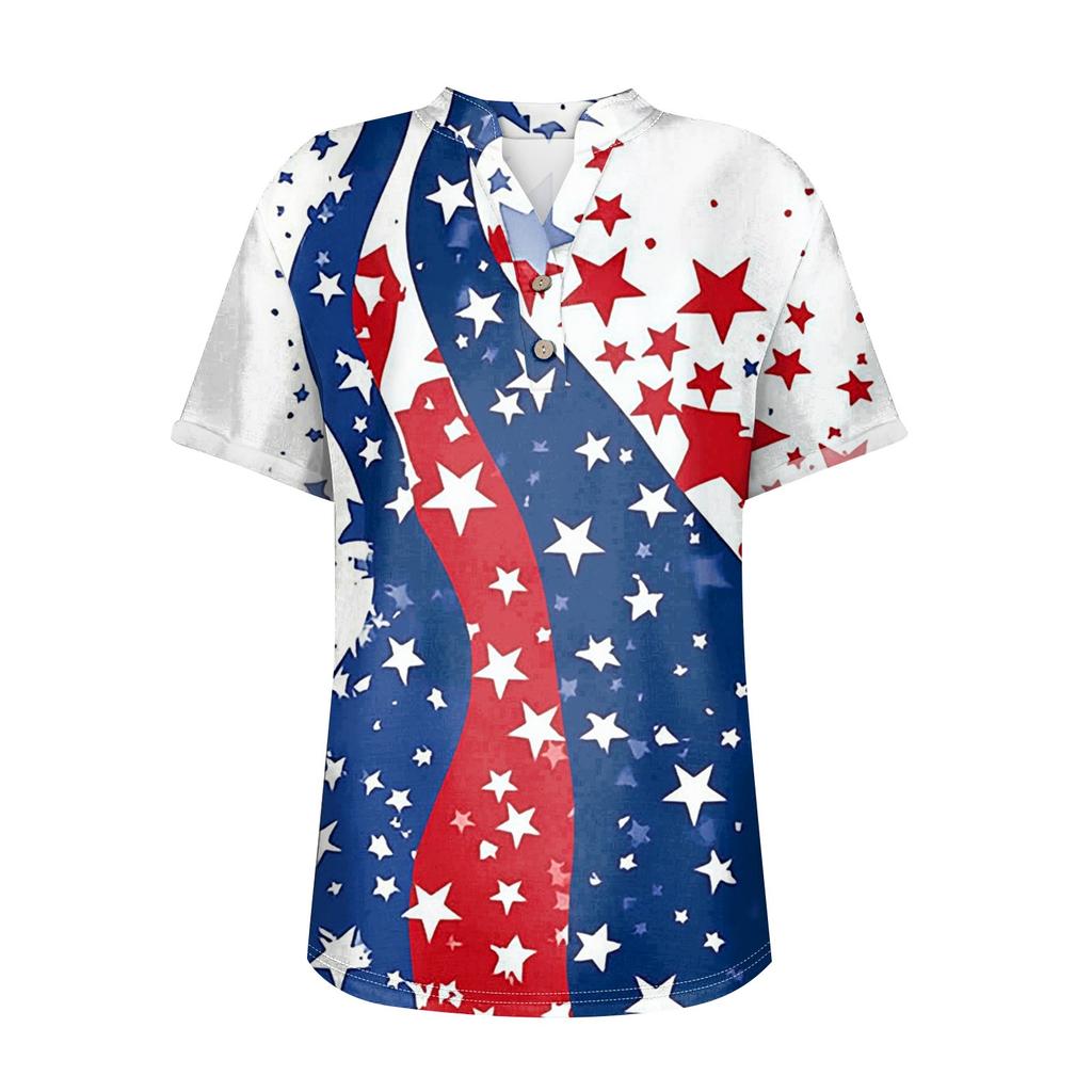 Женский повседневный модный топ с V-образным вырезом, на пуговицах, с принтом ко Дню независимости, с коротким рукавом