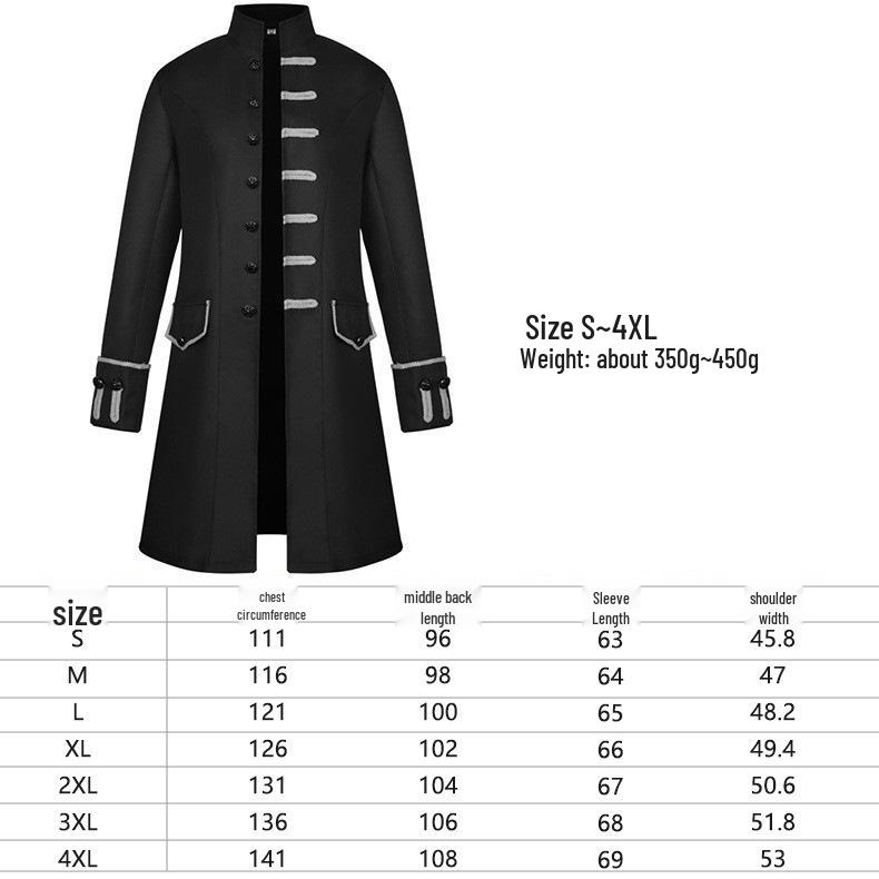 2024 European & American Men's Solid Color Steampunk Overcoat with Stand-Up Collar