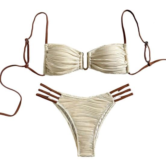 2Pcs/Set Women Bikini Set Sling Bandeau Padded Bra Wrinkle Texture Briefs Set Patchwork Color Split Swimsuit