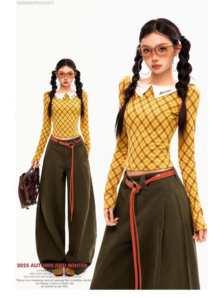 Женские широкие джинсы из коричневого хлопка с высокой посадкой и плиссированным драпированным дизайном - Коллекция 2025