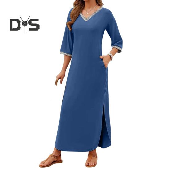 Women Maxi Dress with Side Pockets V Neck 3/4 Sleeves Loose Slit Hem Solid Color Patchwork Solid Color Loose Pullover Beach Dress