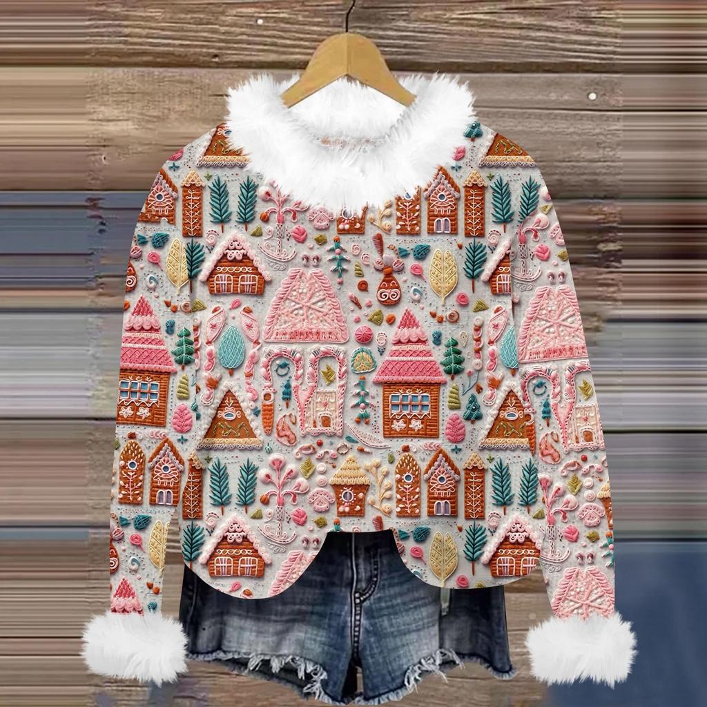 Свитшоты для женщин Вязаный свитер Милая рубашка Осенний круглый вырез Пуловер с меховым воротником Топы