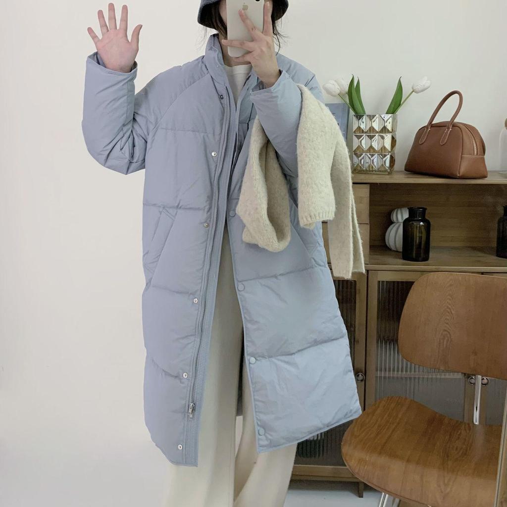 Женский пуховик средней длины в корейском стиле - Однотонный, воротник-стойка, свободный крой, теплая зимняя куртка.