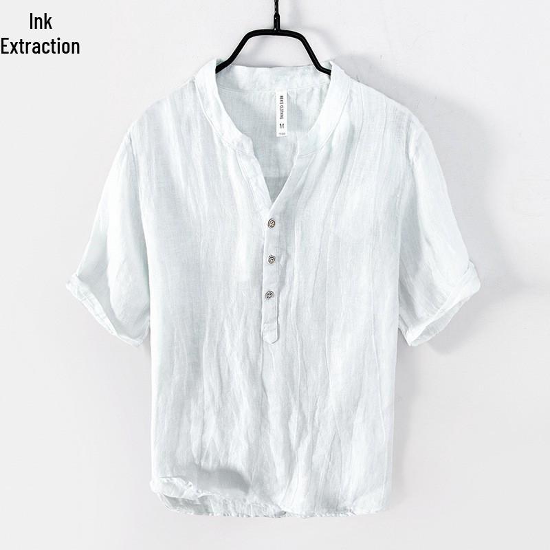 Men's Retro V-Neck Linen Stand Collar Short Sleeve T-Shirt - Plus Size, Thin & Breathable