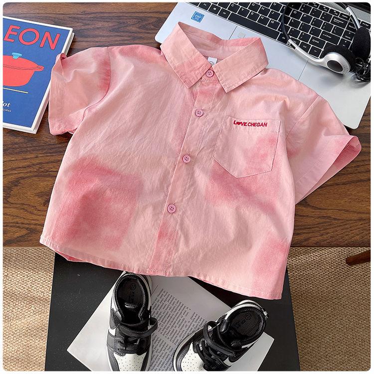 Boys Summer Retro Tie Dye Pink Short Sleeve Shirt Lightweight Breathable