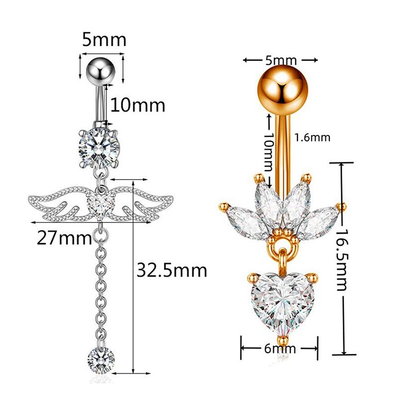 Модные кольца для пупка с крыльями ангела, циркониевое кольцо в форме сердца, симпатичное хрустальное подвесное украшение в виде штанги для пупка, пирсинг для тела