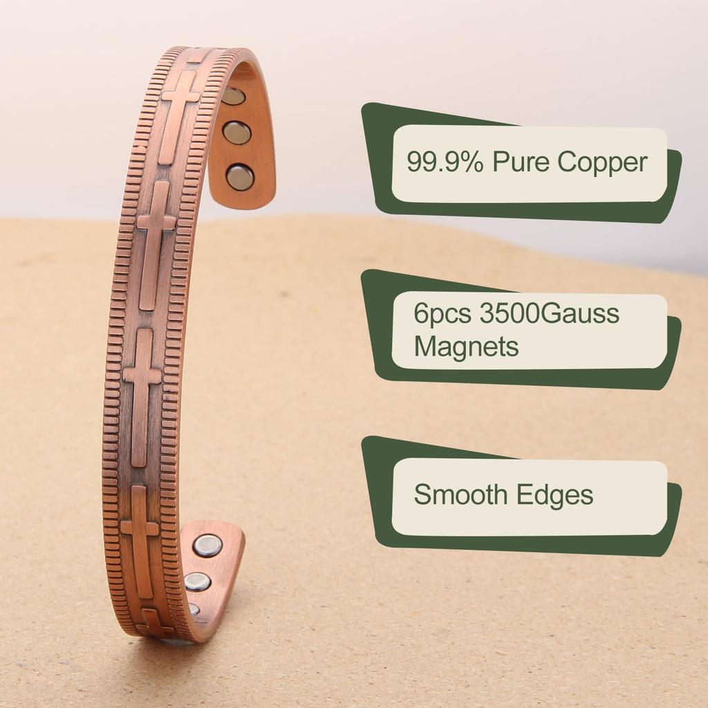 ARADOO Copper Bracelet for Men and Women 99.9% Solid Copper Cross Pattern Magnetic Cuff Bangle Jewelry Gifts