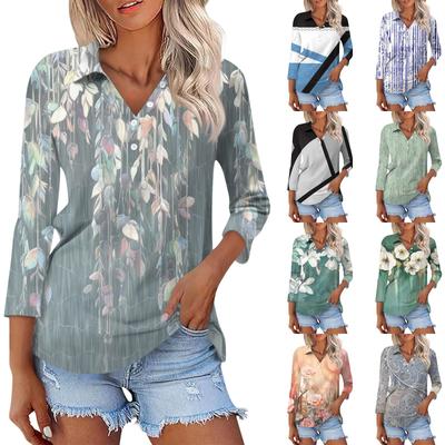 Женский модный повседневный топ на пуговицах с длинным рукавом и цветочным принтом, v-образным вырезом и пуговицами