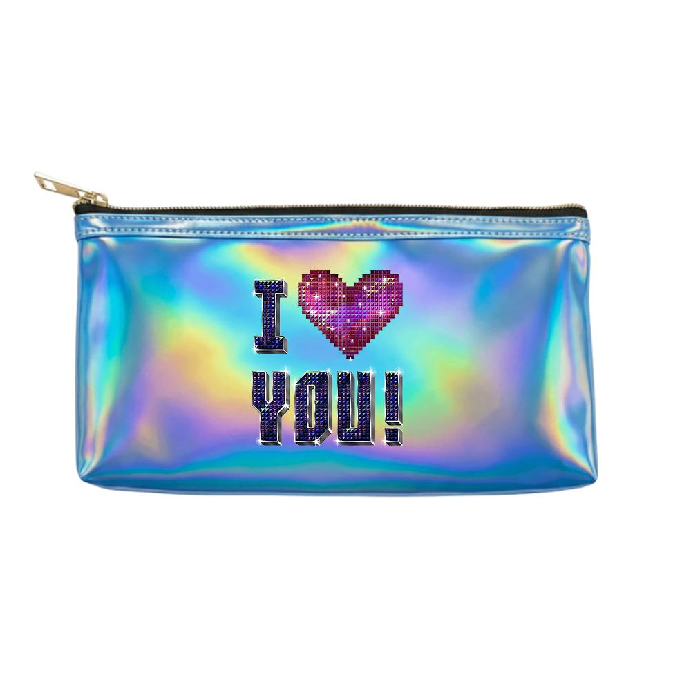 Geometric Heart Pattern Shiny Laser Cosmetic Makeup Bag, Holographic Travel Toiletry Organizer Pouch for Girls Women Daily Makeup Storage Gift