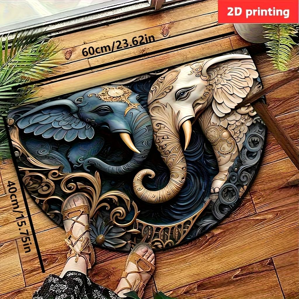 Elephant-Themed Semi-Circle Welcome Mat - Non-Slip Polyester Door Mat with Artistic Elephant Design - Decorative Home Accessory