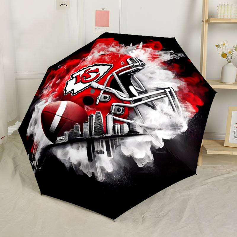 Kansas City Chiefs Helmet And Football Artwork Portable Automatic Umbrella With Elegant Collapsible With 8Rib Durable Plastic Iron Durable Everyday