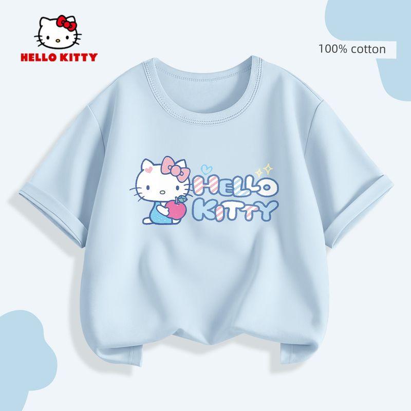 Hello Kitty Girls' White T-Shirt Children's Short-Sleeved Summer Wear Pure Cotton Simple Solid Color Top Breathable and Sweat-Absorbent Trendy