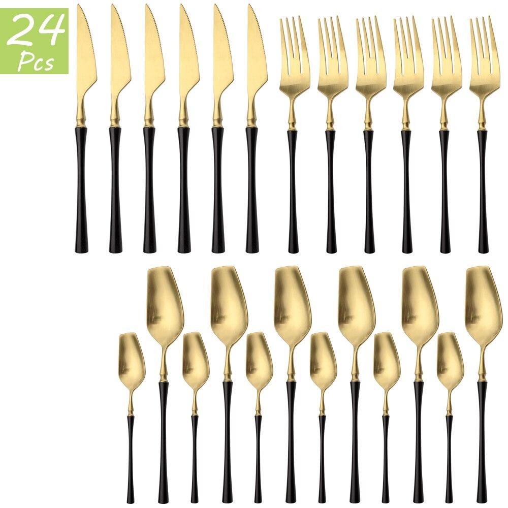 24Pcs Red Gold Cutlery Set 18/10 Stainless Steel Tableware Vintage Knife Fork Coffee Spoon Dinnerware Set Wedding Kitchen Silverware