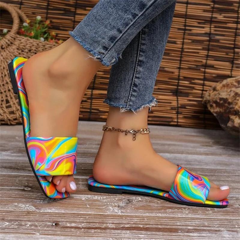 Модные летние квадратные носки, модные сексуальные повседневные сандалии, радужная женская повседневная удобная плоская прогулочная обувь