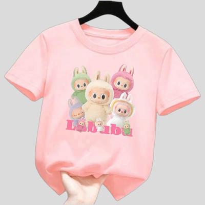 Новая детская футболка Labubu с множеством узоров LABUBU, круглым вырезом, короткими рукавами, повседневная, универсальный топ для девочек