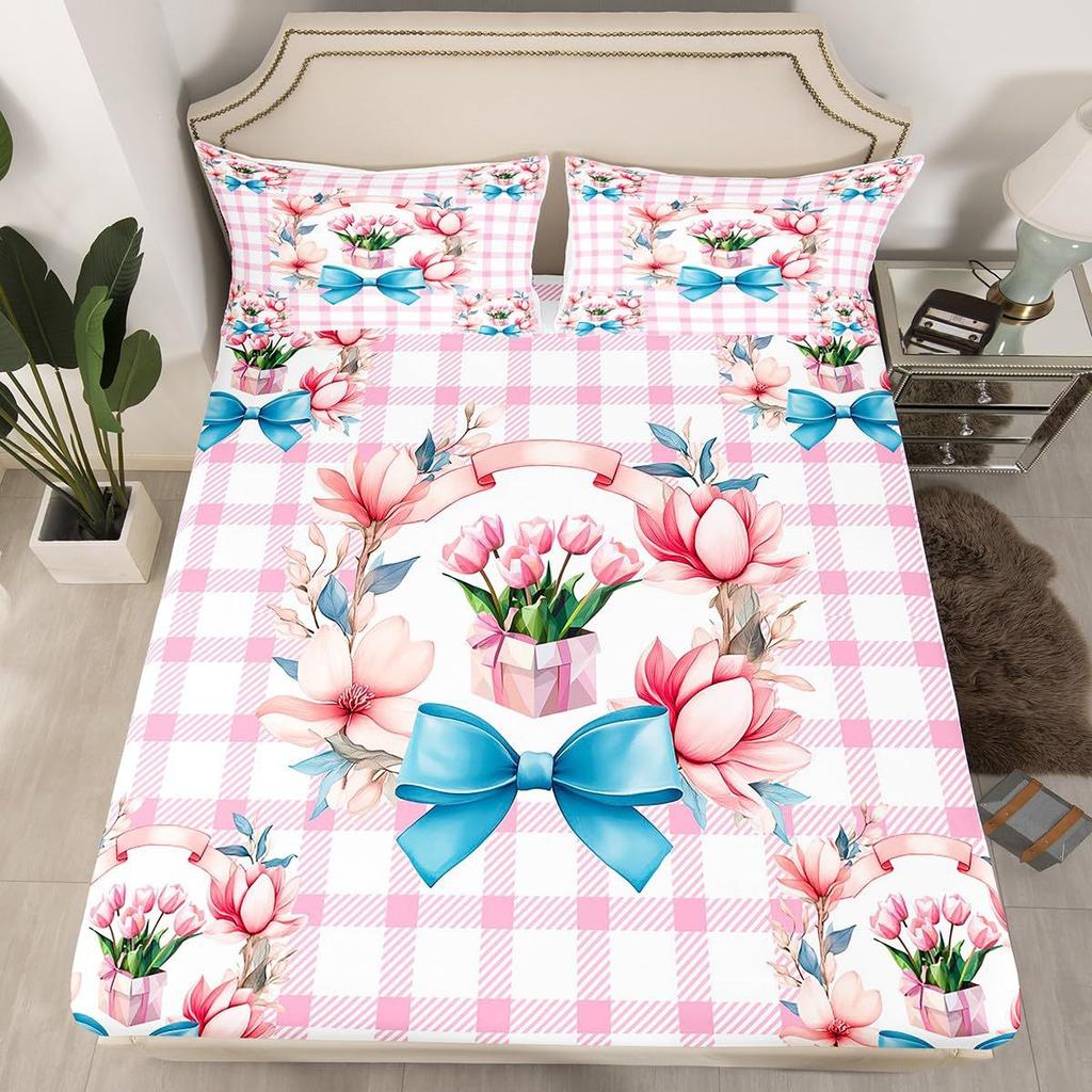 Simple Bow Pattern Mattress Three-Piece Digital Printing Mattress Bedding Set Adult Children